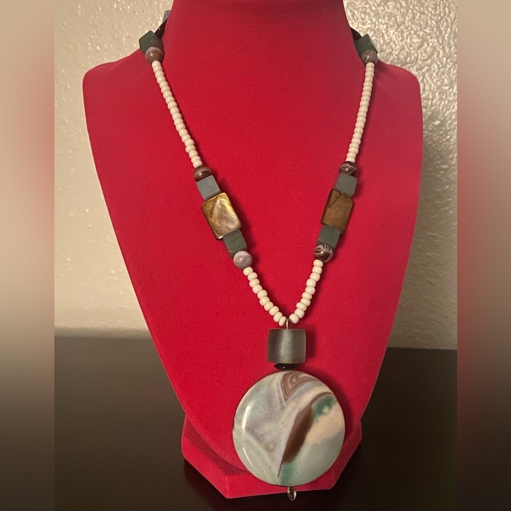 Agate Sea Glass Mother of Pearl Beaded Necklace | Artisan Statement Pendant - Picture 4 of 7